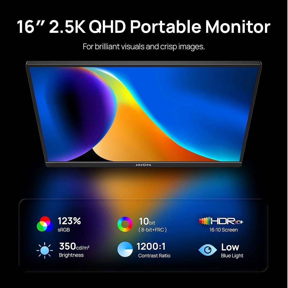 ARZOPA 16인치 2.5K 휴대용 모니터, 2560x1600 QHD IPS 디스플레이 123 sRGB, 내장형 USB-C HDMI 아이케어 외장 세컨드 스크린, Mac 노트북 - 상세 이미지 2