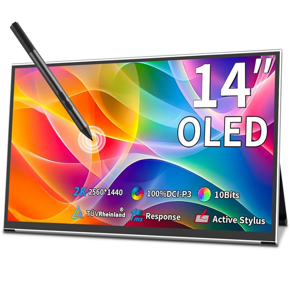 마게독 OLED 휴대용 모니터 14인치 2K | 2560x1440 터치스크린 디스플레이 100 DCI-P3 10비트 호환 가능한 AES 스타일러스 펜 초슬림 킥스탠드 1Ms 게이밍 - 상품 이미지