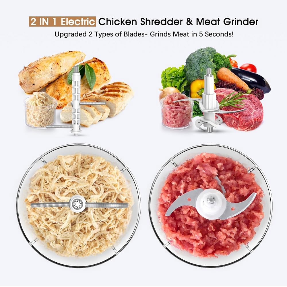 푸드 프로세서, 250W 구리 모터가 장착된 1인치 전기 치킨 분쇄기 및 초퍼 2개, 1.5L 볼 2개의 이중 레벨 블레이드, 원터치 가슴 도구-스마트 과열 방지 Black - 상세 이미지 2