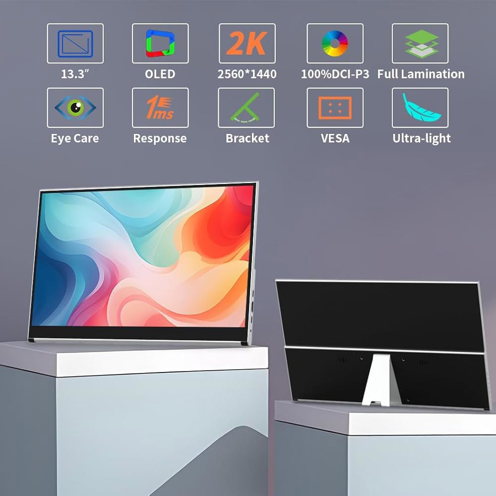 마게독 OLED 휴대용 모니터 13.3인치, 2K 터치스크린 게이밍 모니터, 100 DCI-P3, 10비트 컬러, 1ms, 울트라 슬림 w / 킥스탠드, USB-C 및 노트북 PC - 상세 이미지 2