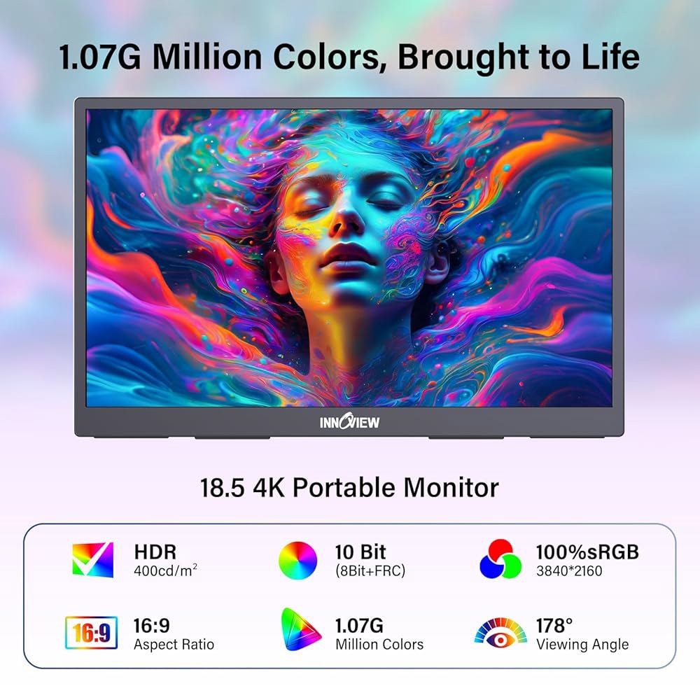 노트북용 Innoview 4K 휴대용 모니터 18.5인치 3840x2160 UHD USB-C HDMI, 데스크탑 맥폰 태블릿 PS5/4 스위치용 180 조절 가능한 스탠드를 갖춘 - 상세 이미지 2
