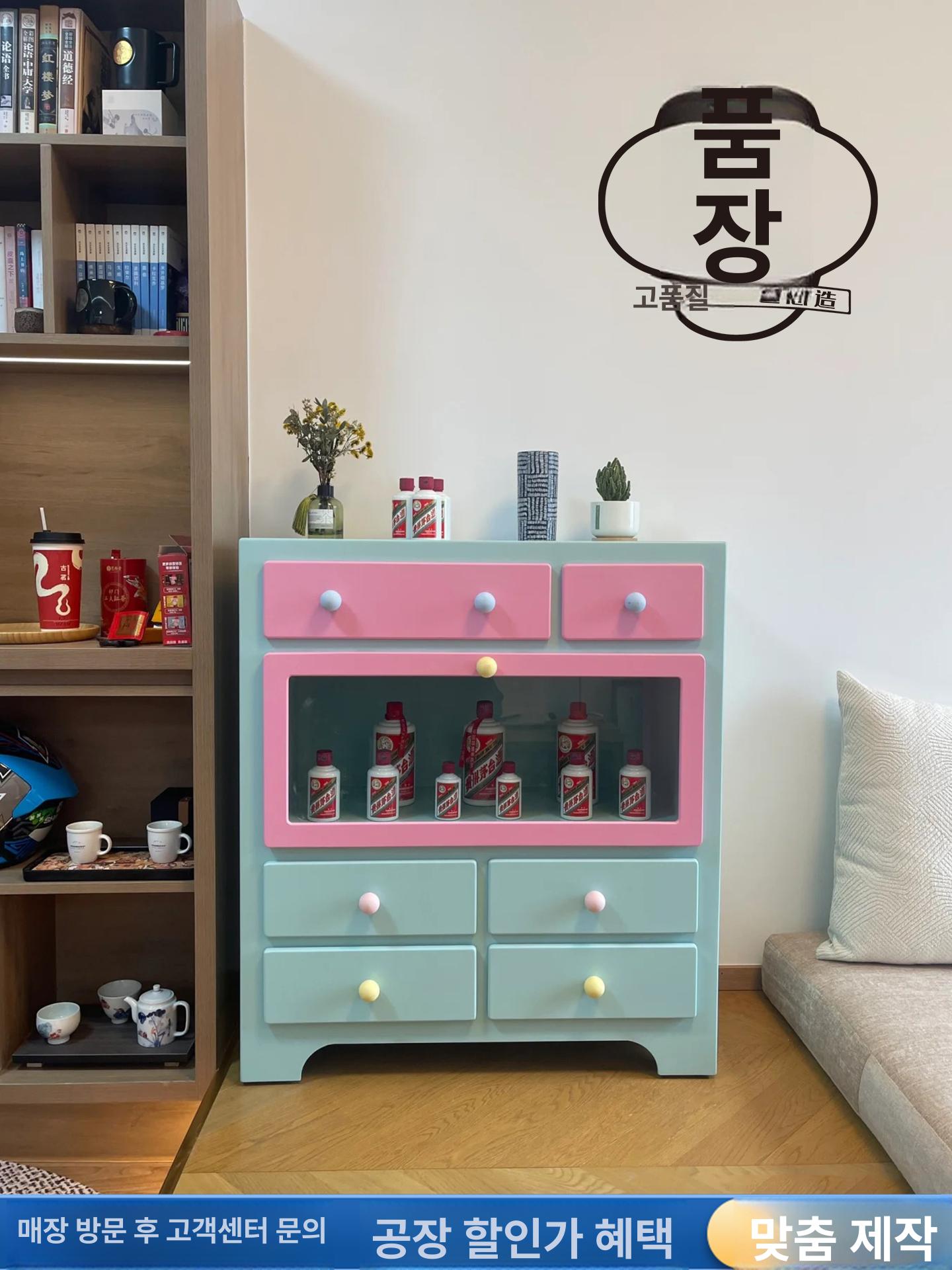 핑크 미니서랍장 나무 엔틱 캐비닛 캐비넷 협탁 분홍 콘솔 장식 앤틱 레트로 오래된 - 상세 이미지 2