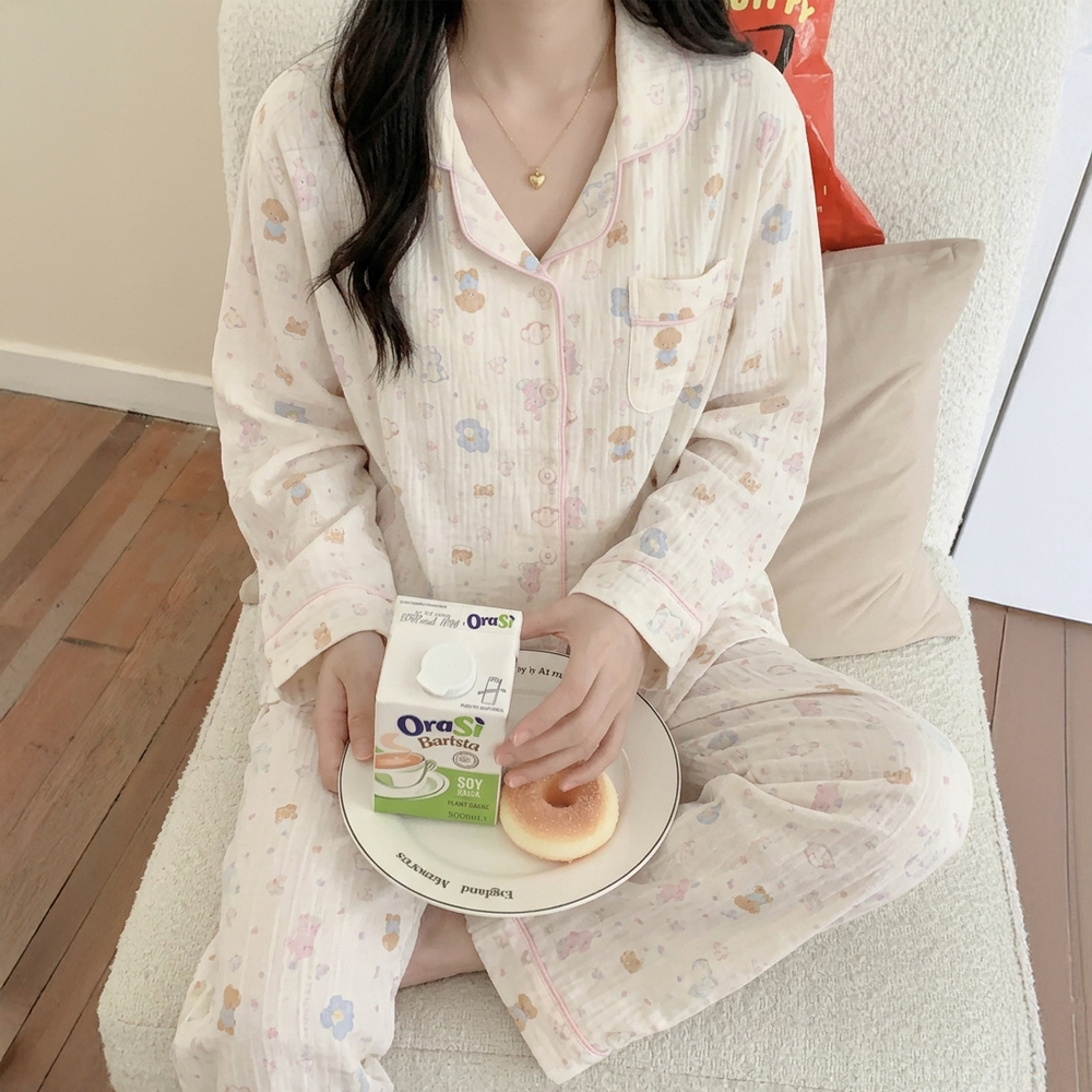 여성 캡내장 잠옷 순면 파자마세트 노브라 긴팔 홈웨어 - 상세 이미지 2