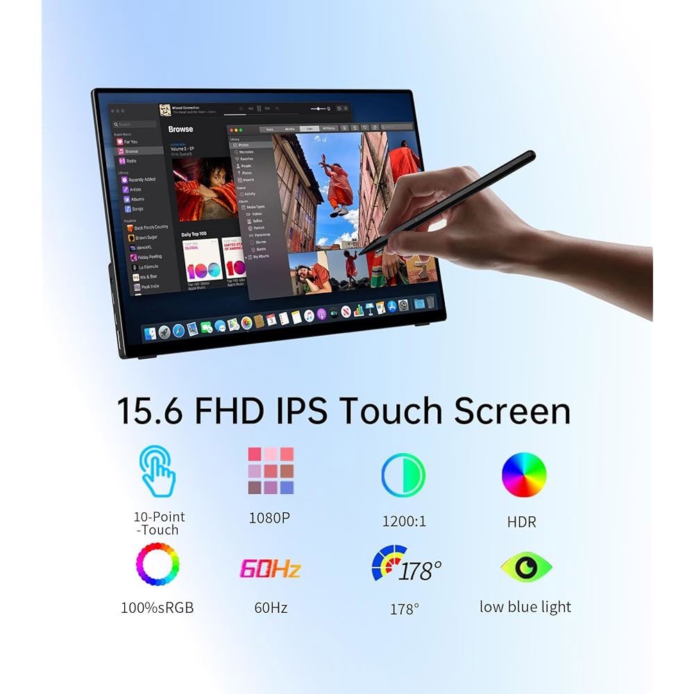 휴대용 모니터 터치스크린 15.6인치 FHD IPS 10포인트 터치스크린, 펜 및 보호 슬리브가 있는 여행용 내장 스탠드, 액티브 스타일러스 지원, Mac, 노트북, PC용 HDM - 상세 이미지 2
