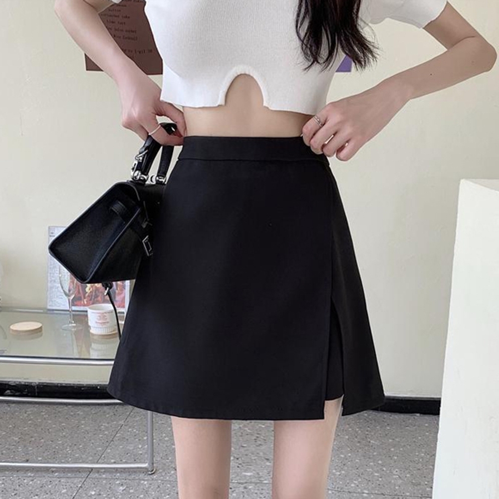 J2K 허리 밴딩 블랙 스판 여성 미니 치마 바지 데일리 데이트룩 - 상품 이미지