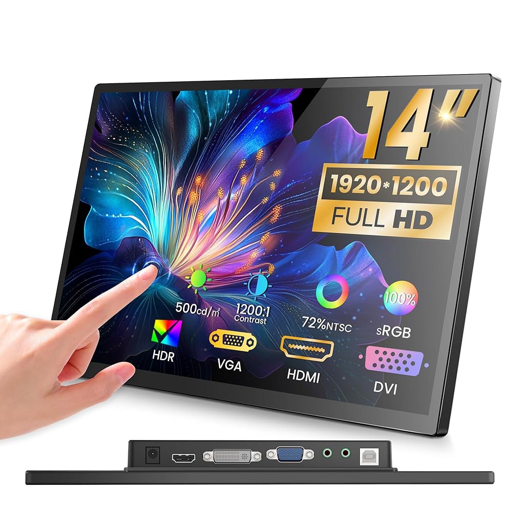 Forzola 14인치 FHD 휴대용 터치스크린 모니터(HDMI VGA DVI 포트 포함), 노트북 PC PS5/4, 산업용, POS, 키오스크, 스크린 익스텐더 1920 1200 - 상품 이미지
