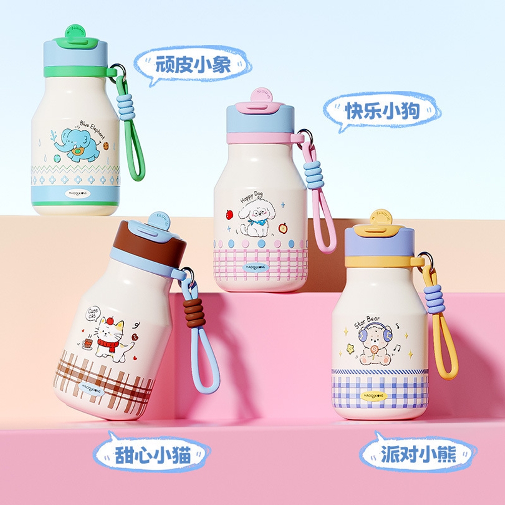 미니 파스텔 텀블러 보온 보냉 빨대컵 우유병디자인 일본스타일 캐릭터 물병 휴대용 해피퍼피 세라믹 480ml - 상품 이미지