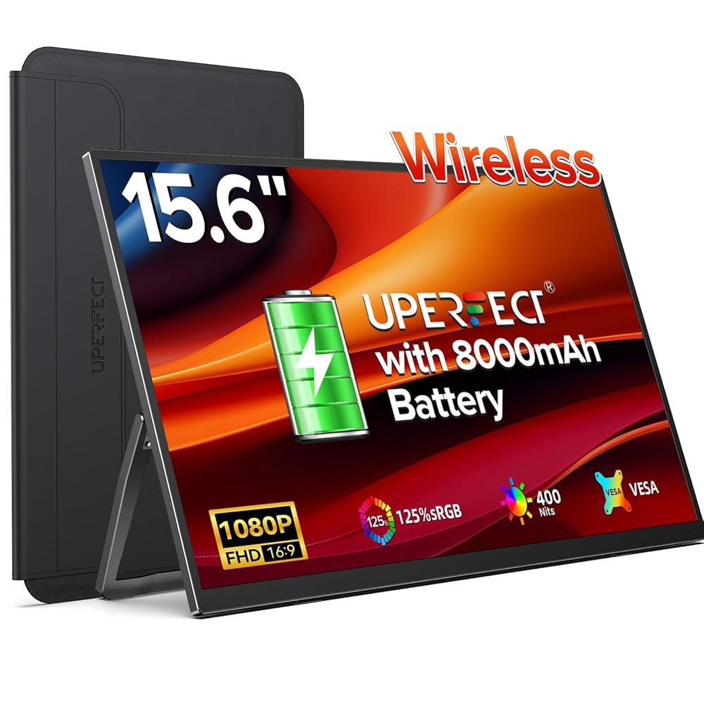배터리 8000mAh, 15.6인치 1080P FHD 울트라 슬림 여행용 모니터, 스탠드 /VESA / 슬리브, 노트북, PC, 휴대폰용 외장 세컨드 스크린, 에어플레이 미라캐스트 - 상품 이미지