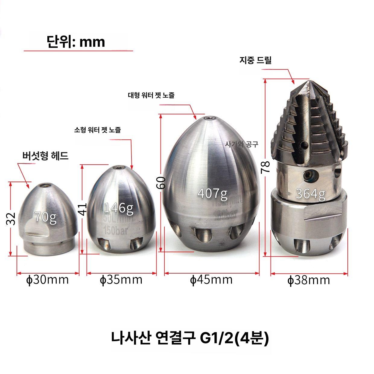 크리닝 배관세척노즐 파이프 배수구 고압 배관청소 헤드 호스 세척기 압력 분사기 - 상세 이미지 4