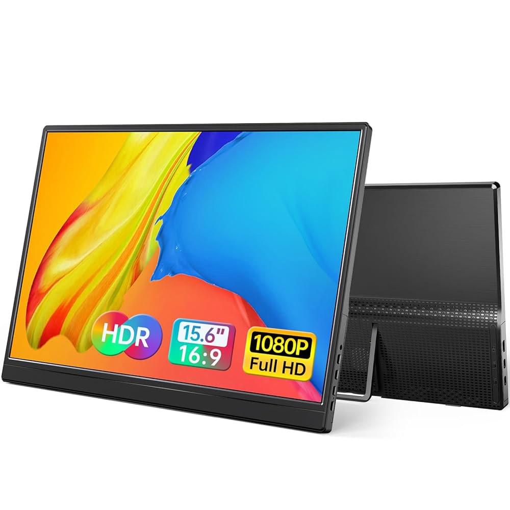 Yxk 휴대용 모니터 15.6인치 1080P USB-C HDMI 초슬림 여행용 모니터(킥스탠드 포함), 노트북, PC, 맥폰, PS, Xbox, Swich IPS 초박형 제로 프레 - 상품 이미지