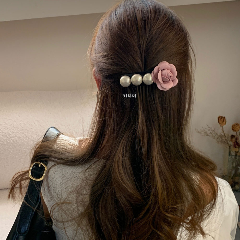 카멜리아 진주 빗핀 옆머리 꽃헤어핀 올림머리장식 - 상품 이미지