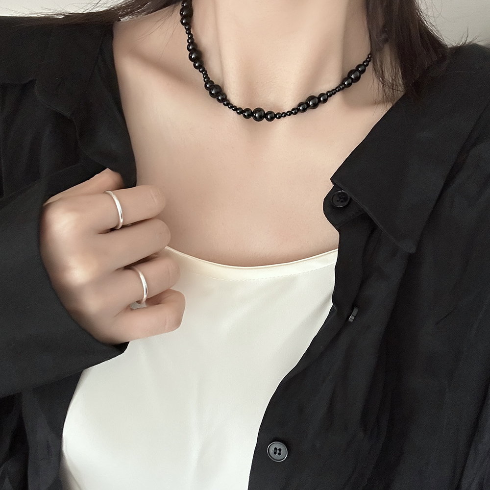 silver925 언발 오닉스 블랙 비즈 목걸이 심플 데일리 레이어드 - 상세 이미지 4