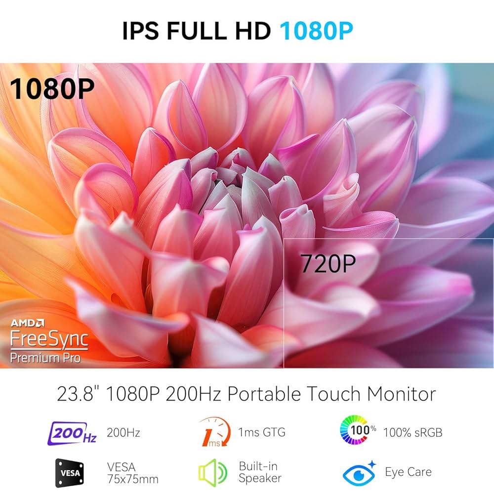 Prechen 23.8인치 200Hz 휴대용 터치스크린 모니터 99 sRGB VA FHD 1080P, VESA, 내장 스피커, /90 조절 가능한 스탠드 USB-C HDMI 외장 - 상세 이미지 2