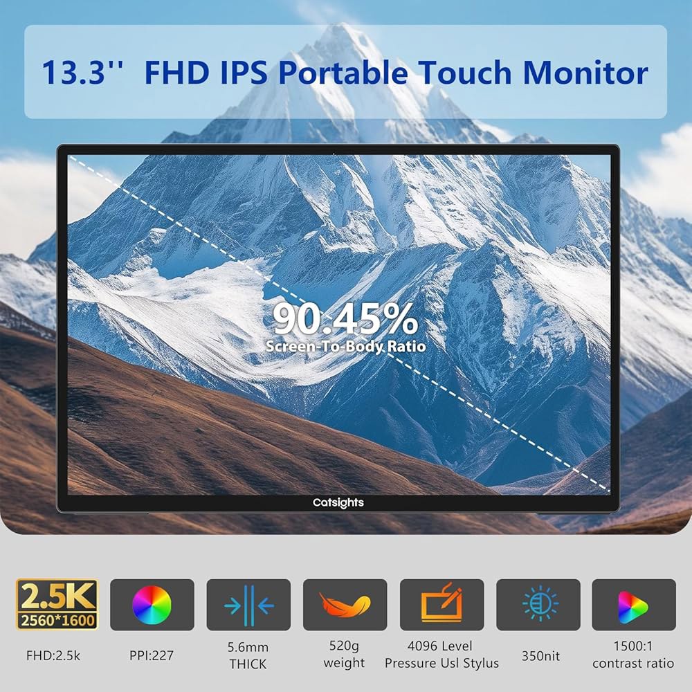 보호 슬리브, USB-C 플러그 앤 플레이가 포함된 Mac용 Catsights 휴대용 모니터 터치스크린 13.3인치 2.5K 모니터, 스탠드 및 스타일러스가 Mac 노트북 PC용 - 상세 이미지 3