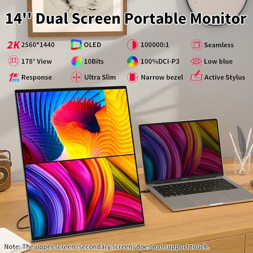 Magedok 듀얼 모니터 14인치 2K OLED, 노트북 익스텐더용 휴대용 터치 | 100 DCI P3 플러그 플레이 스탠드 - VESA| 슬림 프레임리스 컴퓨터 트리플 디스플레 - 상세 이미지 2