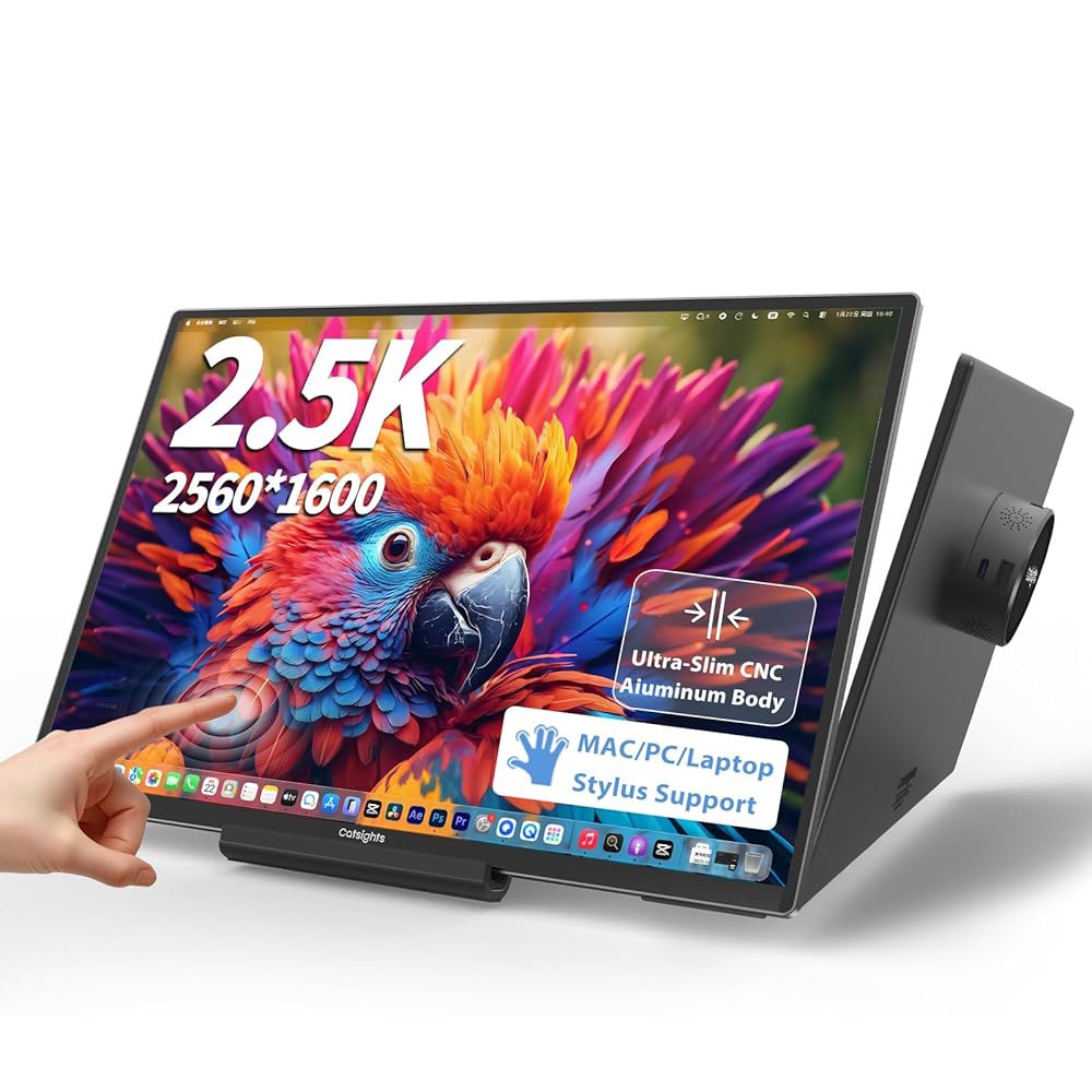 보호 슬리브, USB-C 플러그 앤 플레이가 포함된 Mac용 Catsights 휴대용 모니터 터치스크린 13.3인치 2.5K 모니터, 스탠드 및 스타일러스가 없는 Mac 노트북 - 상품 이미지
