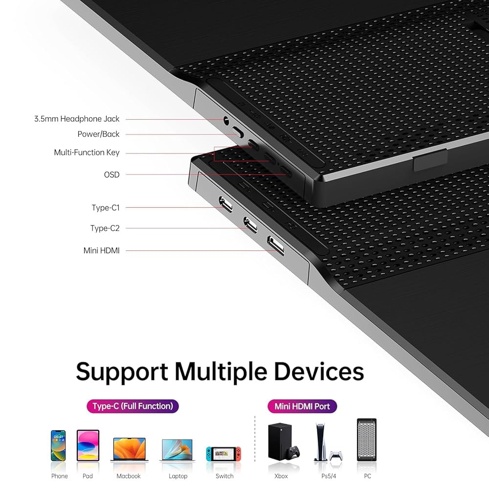 Yxk 휴대용 모니터 15.6인치 1080P USB-C HDMI 초슬림 여행용 모니터(킥스탠드 포함), 노트북, PC, 맥폰, PS, Xbox, Swich IPS 초박형 제로 프레 - 상세 이미지 3