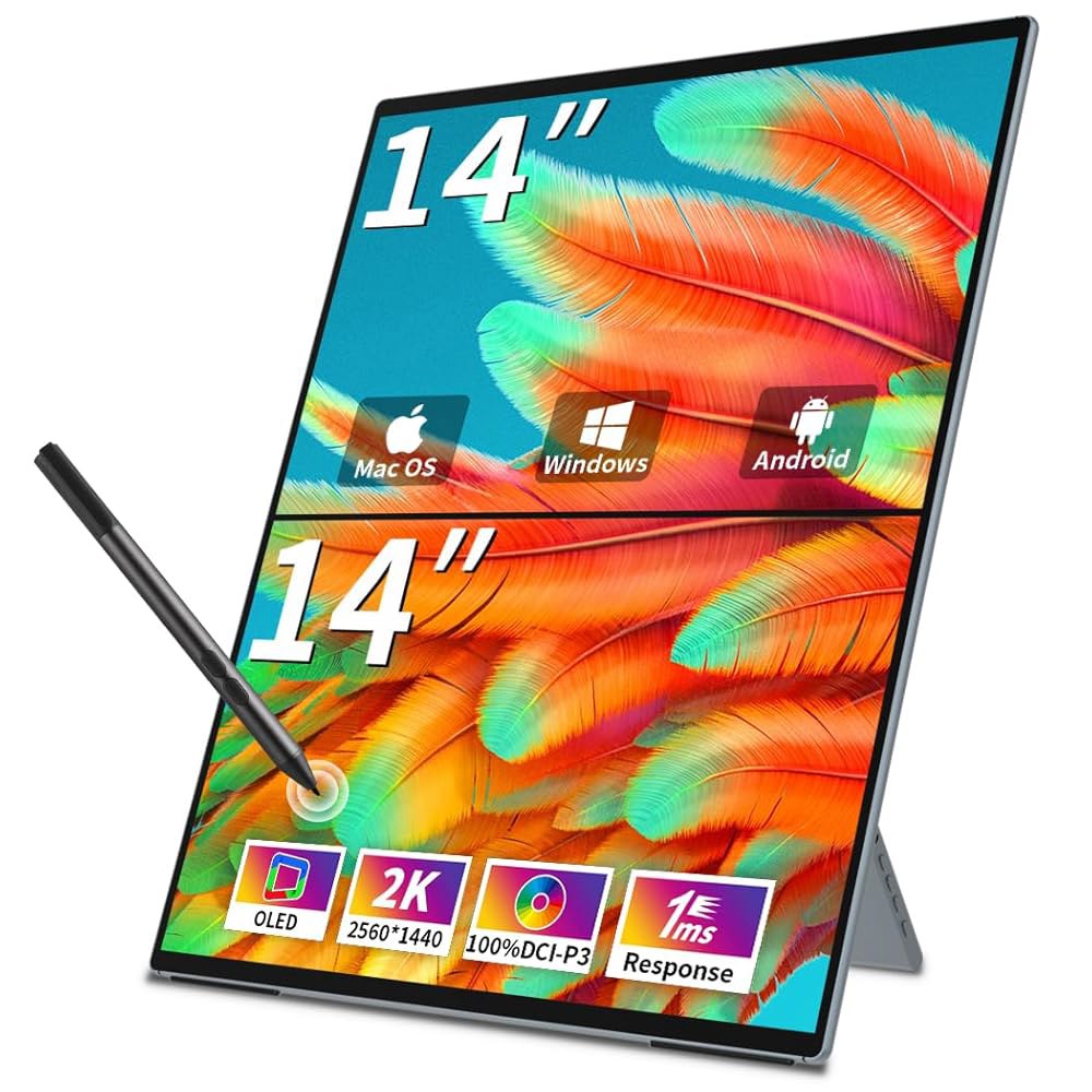 Magedok 듀얼 모니터 14인치 2K OLED, 노트북 익스텐더용 휴대용 터치 | 100 DCI P3 플러그 플레이 스탠드 - VESA| 슬림 프레임리스 컴퓨터 트리플 디스플레 - 상품 이미지