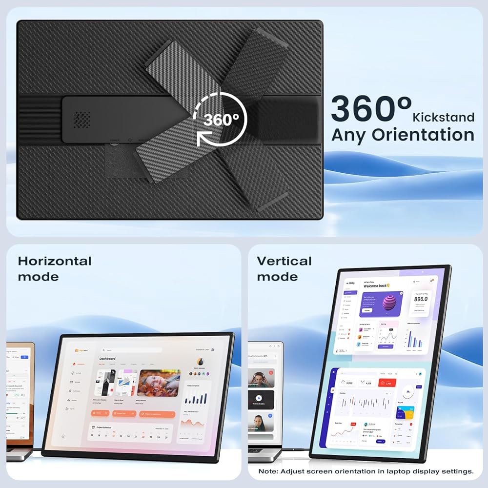 FLYTOCCA 휴대용 모니터, 16인치 FHD 1200P, 수평/수직 플러그 앤 플레이, 내장 스피커 및 헤드폰 잭, 프리미엄 스마트 커버가 장착된 노트북용 여행용 모니터 - 상세 이미지 3