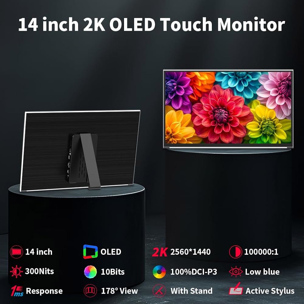 마게독 OLED 휴대용 모니터 14인치 2K | 2560x1440 터치스크린 디스플레이 100 DCI-P3 10비트 호환 가능한 AES 스타일러스 펜 초슬림 킥스탠드 1Ms 게이밍 - 상세 이미지 2