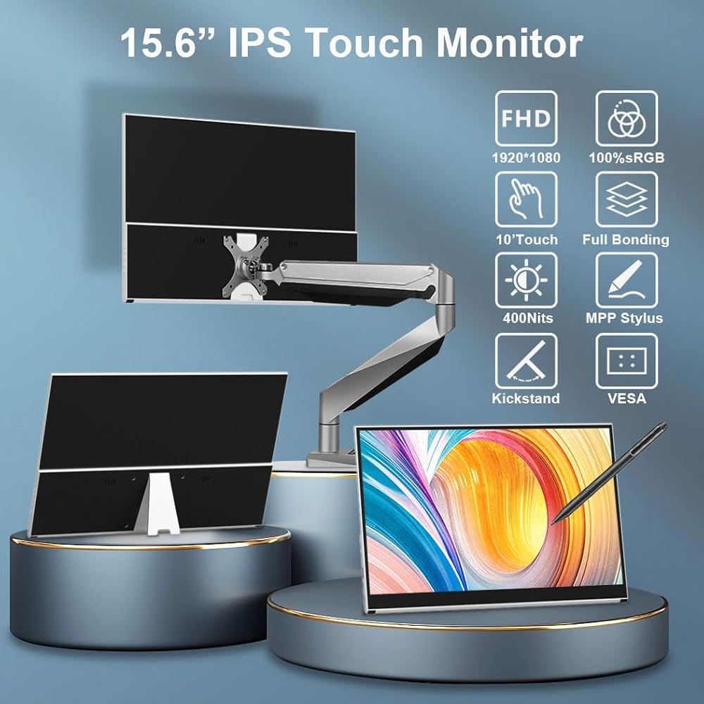 휴대용 모니터 터치스크린, 15.6인치 1080P 외장 모니터, MPP 스타일러스 포함, IPS, FHD, 100 sRGB, 400니트, 내장 스탠드, USB-C / HDMI Mi - 상세 이미지 2