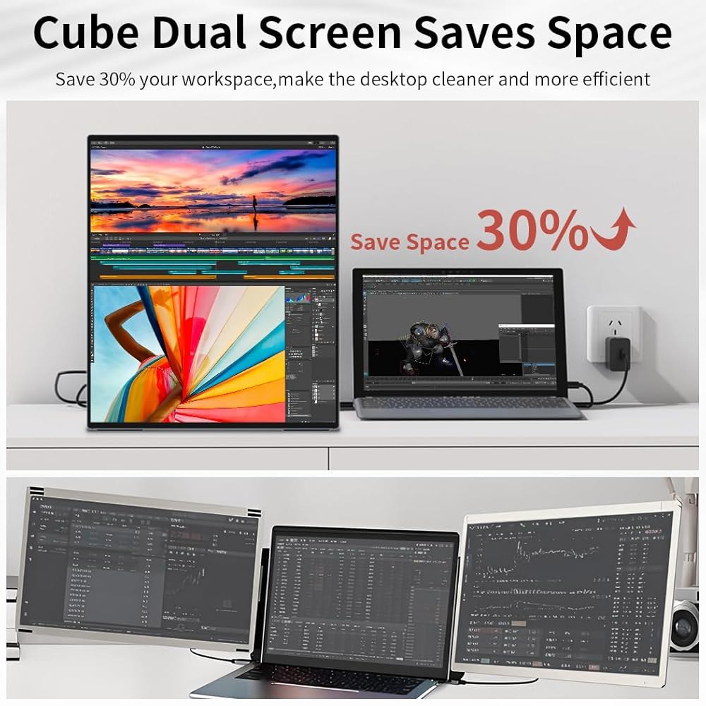 Magedok 듀얼 모니터 14인치 2K OLED, 노트북 익스텐더용 휴대용 터치 | 100 DCI P3 플러그 플레이 스탠드 - VESA| 슬림 프레임리스 컴퓨터 트리플 디스플레 - 상세 이미지 3