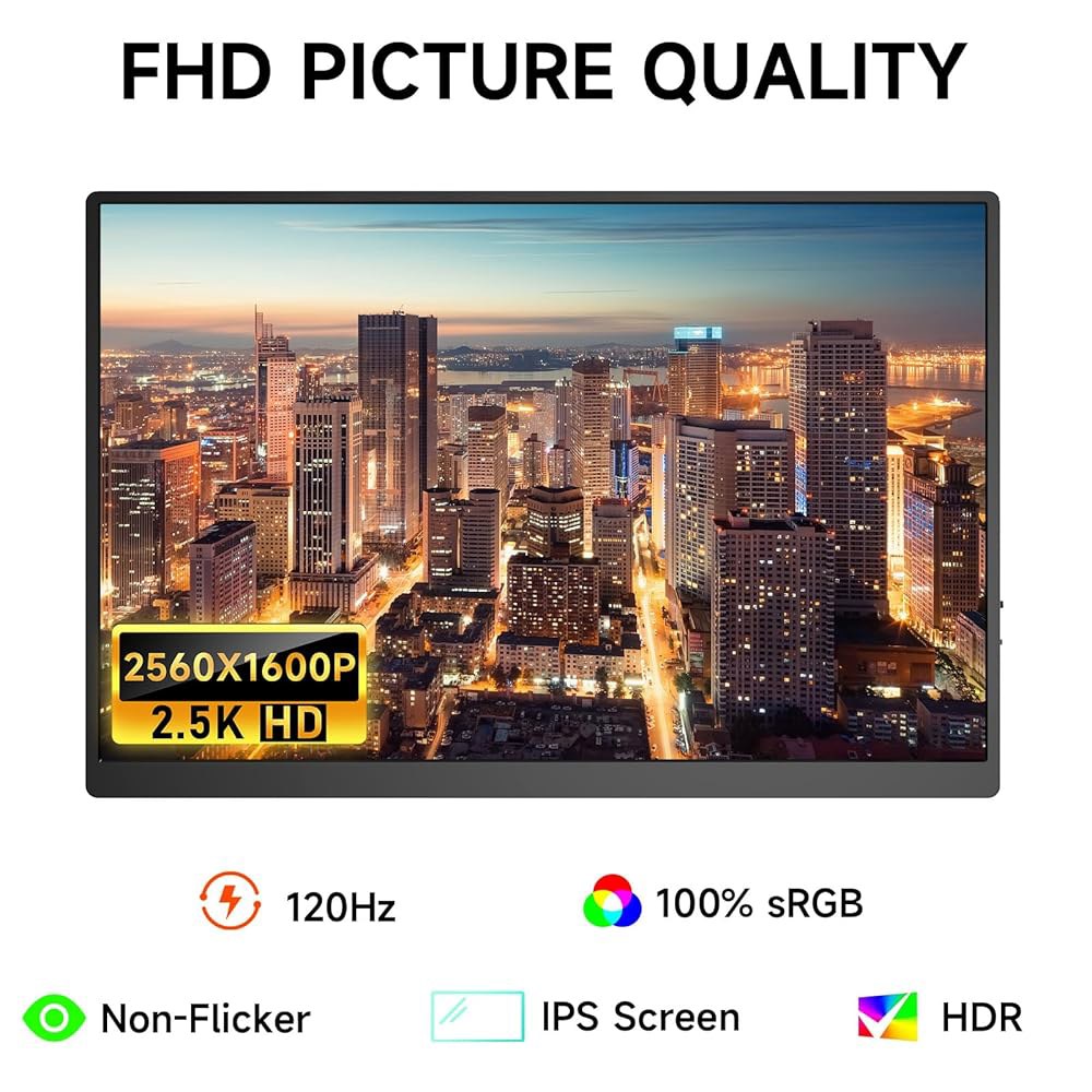 AYY 16인치 2.5K 120Hz 휴대용 모니터, 2560x1600 HDR IPS 디스플레이, QHD 100 sRGB, USB-C 및 HDMI, 케어 외장 보조 화면, 노트북 - 상세 이미지 3