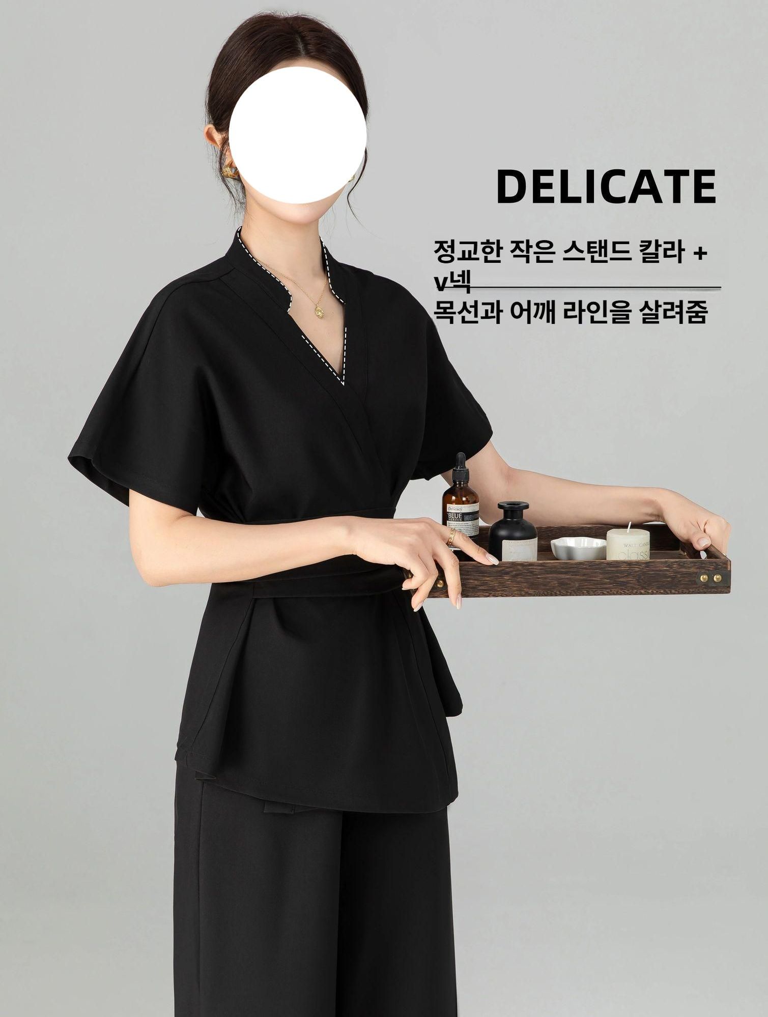미용 유니폼 뷰티샵 근무복 에스테틱 관리사 피부과 블랙 3/4 소매 세트 XS - 상세 이미지 5