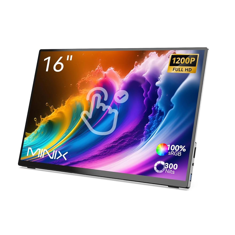 미니스 휴대용 모니터 16인치 FHD 1200P IPS 터치스크린 USB-C, HDMI 스테레오 케어, 플리커 프리, 블루 라이트 필터 With Touch - 상품 이미지