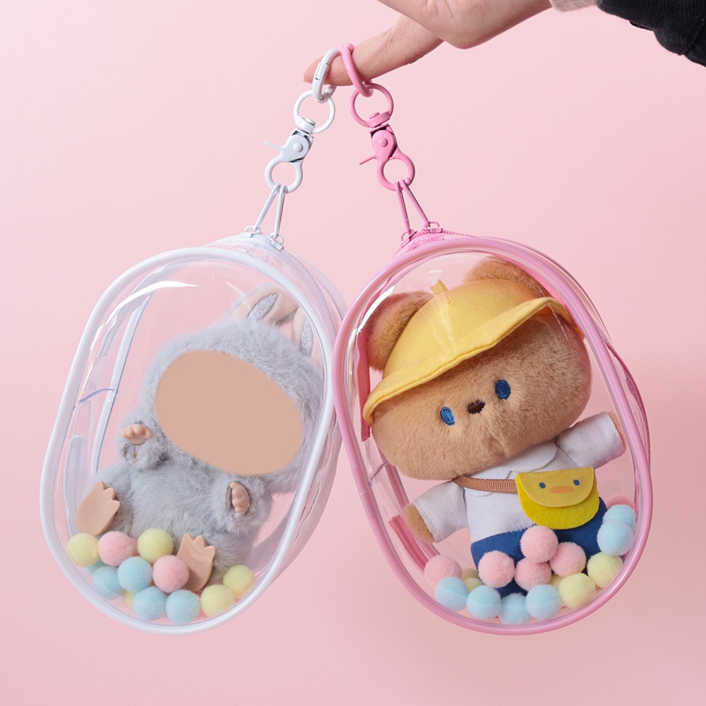 투명 가방 키링 파우치 인형 케이스 보관 PVC 외출 전시 수납가방 화이트 투명 가방+키체인+털공 세트 - 상세 이미지 2
