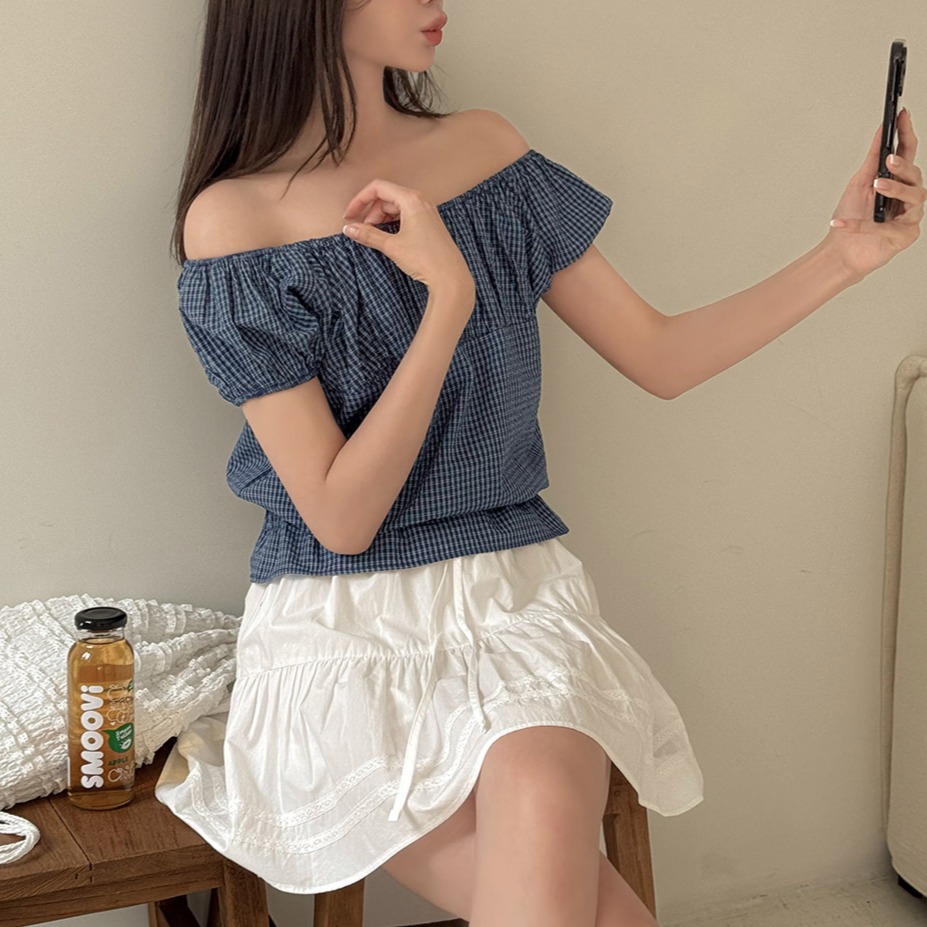 빈티지 체크 여름 투웨이 오프숄더 코튼 블라우스 이미지 8