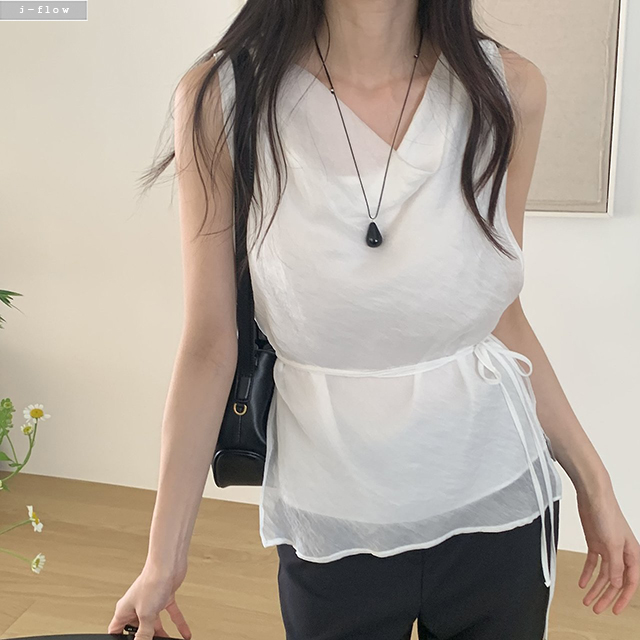 로벨 드레이프 이중 나시 쉬폰 블라우스 3col 봄 여름 레이어드 허리끈 민소매 제이플로우 - 상세 이미지 2