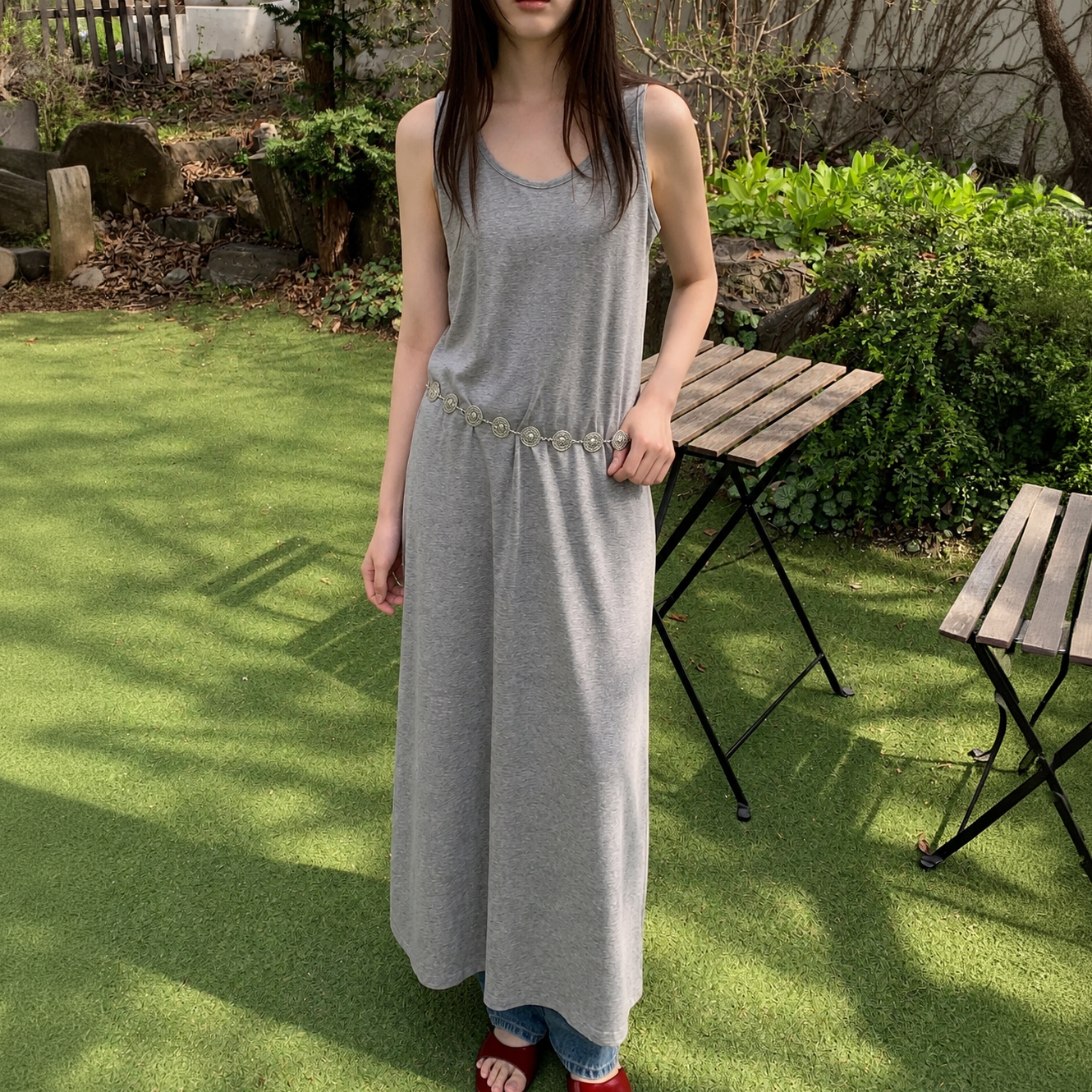 여성 A라인 나시 롱원피스 여름 데일리 하객룩 빅사이즈 루즈핏 슬리브리스 레이어드 뷔스티에 - 상품 이미지