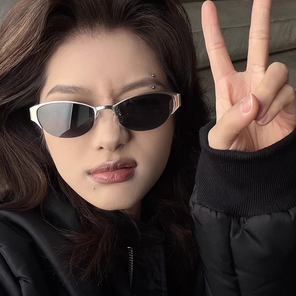 캣아이 반무테 선글라스 틴트 메탈 하프림 패션 레트로 Y2K 데일리 여행 실버 블랙 필름 - 상세 이미지 5