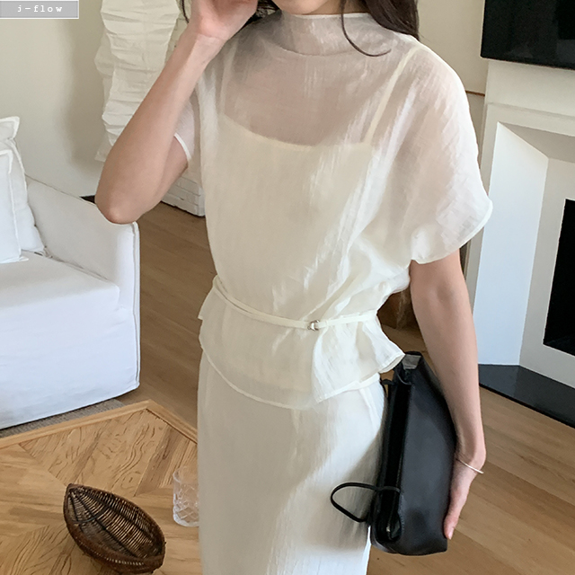 리올로 반목 루즈핏 시스루 텐셀 블라우스 2col 봄 여름 스트랩 오간자 모크넥 제이플로우 이미지 3