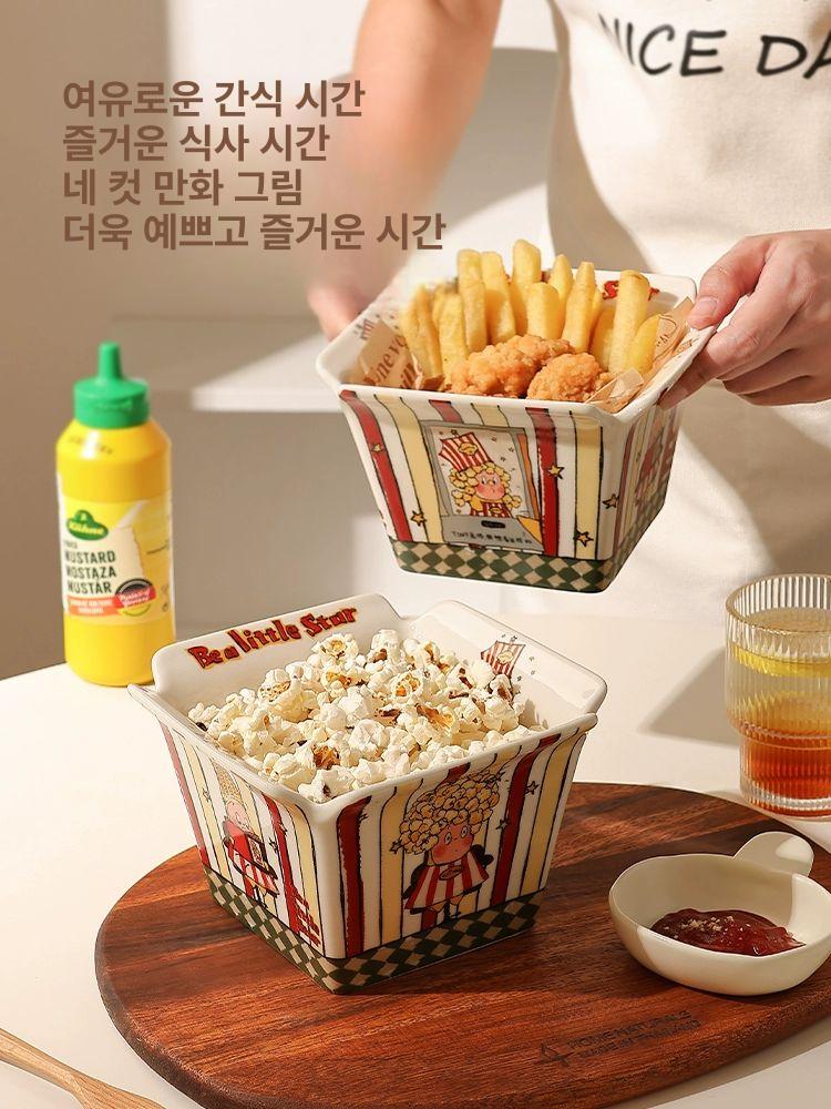 캐주얼 세라믹팝콘그릇 디쉬 간식 디자인 귀여운 사각 식기 빈티지 감성 업소용 - 상세 이미지 4