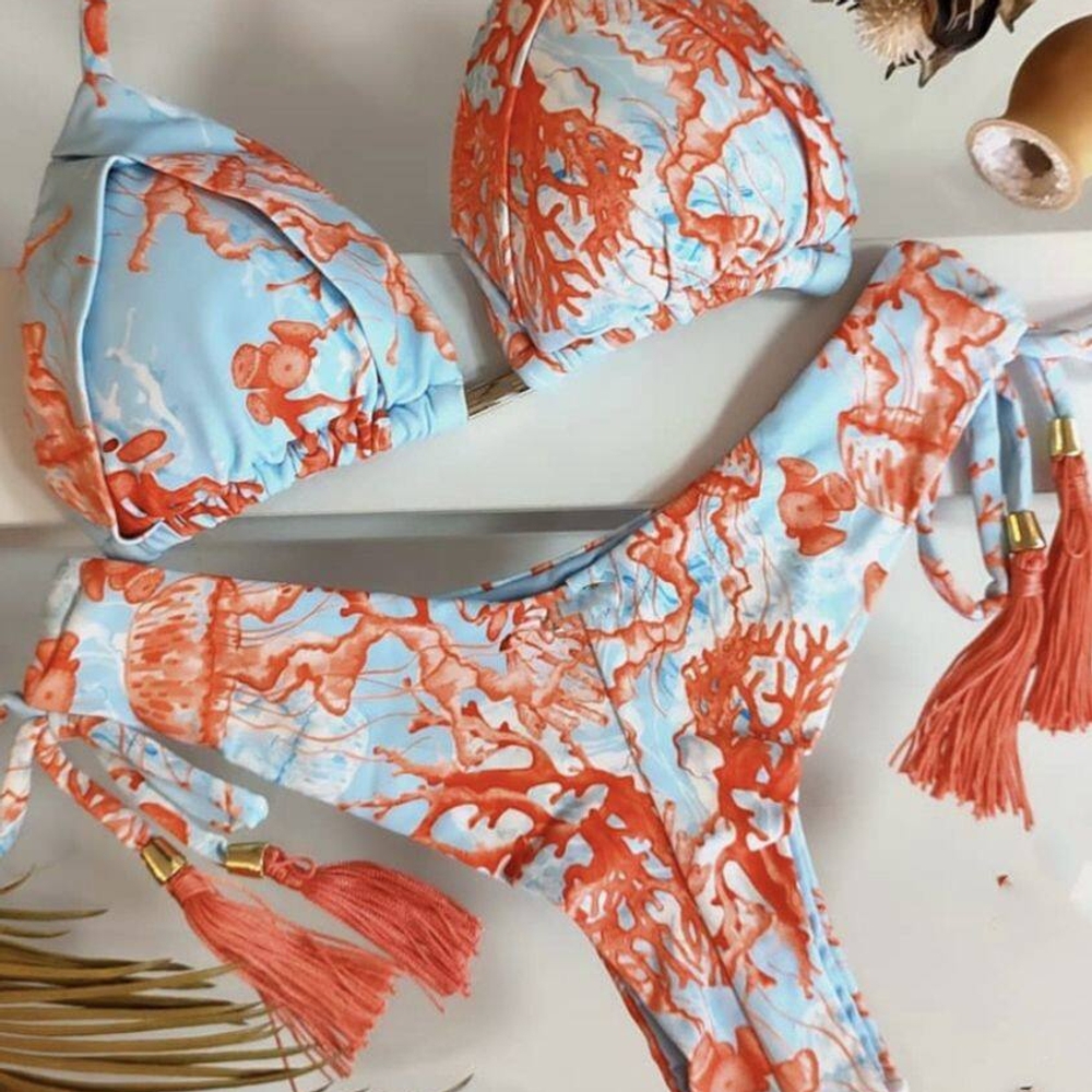 비키니 세트 여성 트라이앵글 푸쉬업 브라질리언 하의 화려한 산호초 해파리 프린트 비치웨어 - 상품 이미지