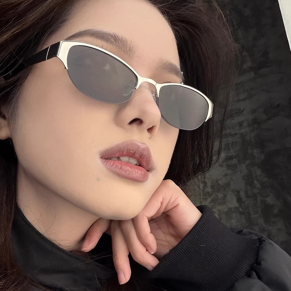 캣아이 반무테 선글라스 틴트 메탈 하프림 패션 레트로 Y2K 데일리 여행 실버 블랙 필름 이미지 6