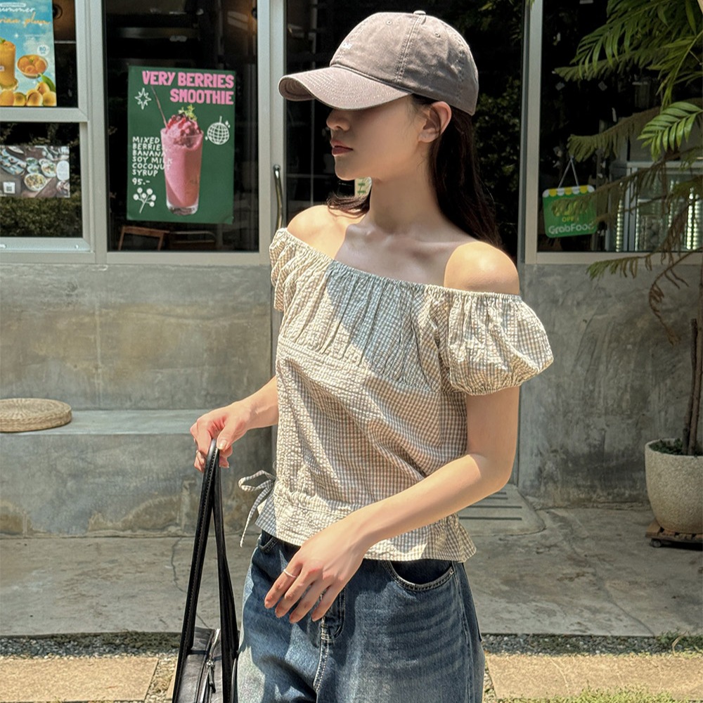 빈티지 체크 여름 투웨이 오프숄더 코튼 블라우스 - 상세 이미지 2