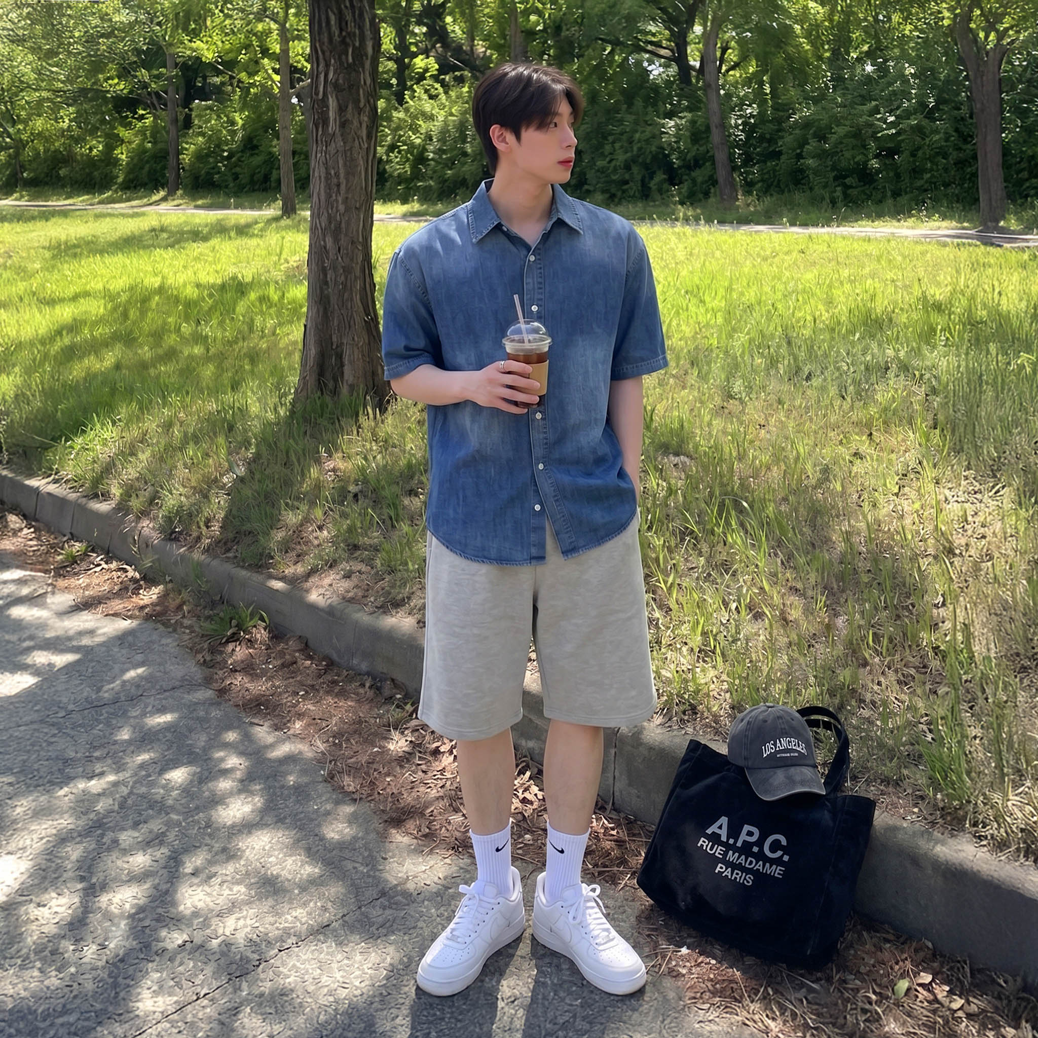 1+1 7부반바지 남자버뮤다팬츠 회색트레이닝바지 회색반바지 통넓은바지 헬스버뮤다 스웻팬츠 - 상세 이미지 2