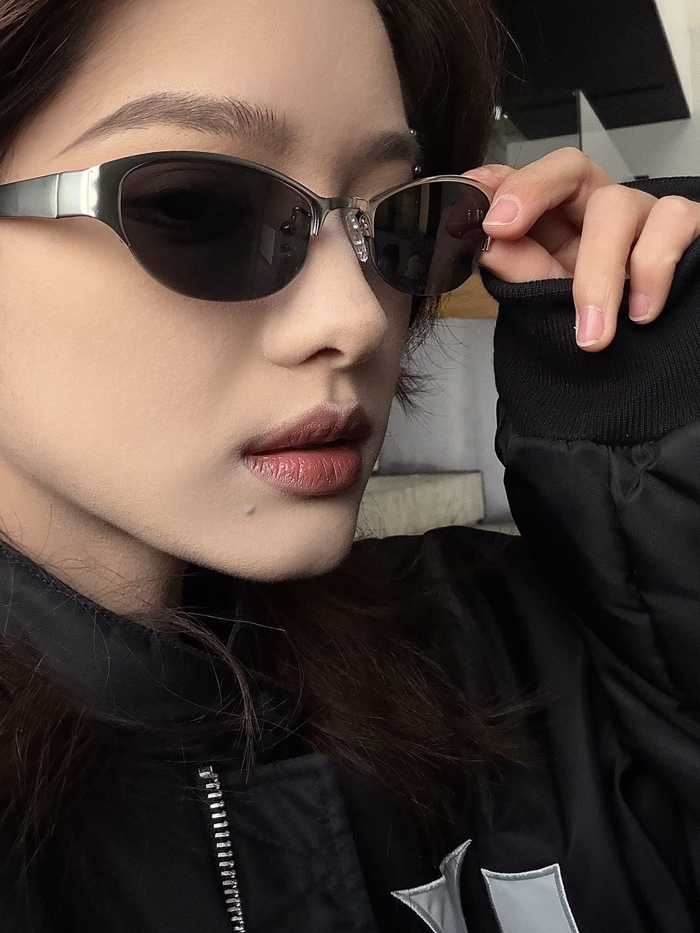 캣아이 반무테 선글라스 틴트 메탈 하프림 패션 레트로 Y2K 데일리 여행 실버 블랙 필름 이미지 8