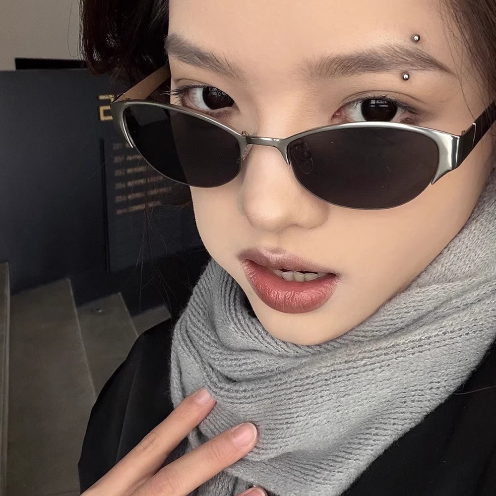 캣아이 반무테 선글라스 틴트 메탈 하프림 패션 레트로 Y2K 데일리 여행 실버 블랙 필름 이미지 7