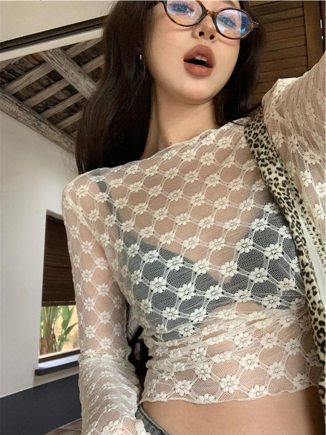 시스루 클럽 티셔츠 블랙 망사 프리사이즈 화이트 파티룩 슬림핏 탑 홀복 - 상세 이미지 3