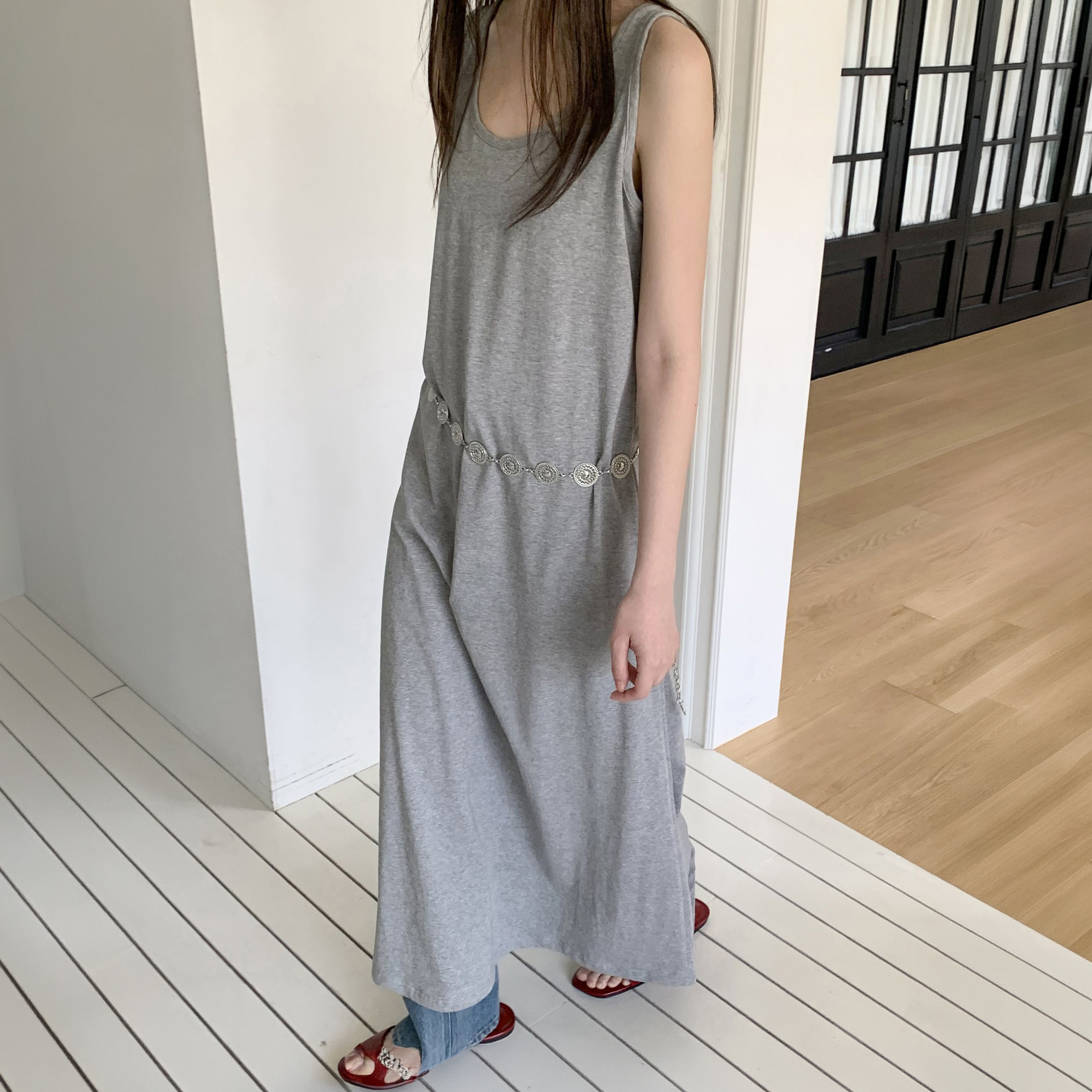 여성 A라인 나시 롱원피스 여름 데일리 하객룩 빅사이즈 루즈핏 슬리브리스 레이어드 뷔스티에 이미지 7