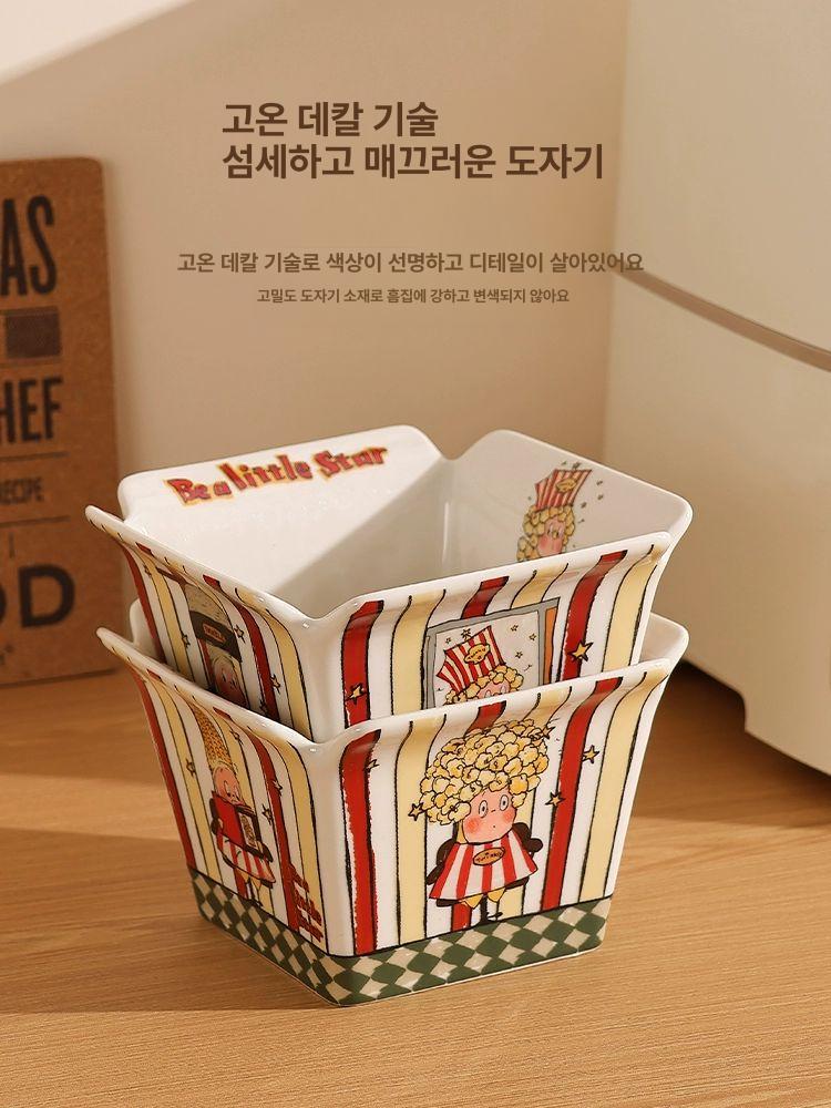 캐주얼 세라믹팝콘그릇 디쉬 간식 디자인 귀여운 사각 식기 빈티지 감성 업소용 - 상세 이미지 5