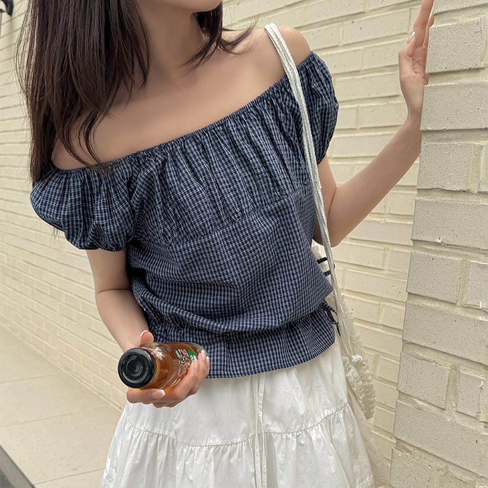 빈티지 체크 여름 투웨이 오프숄더 코튼 블라우스 이미지 7