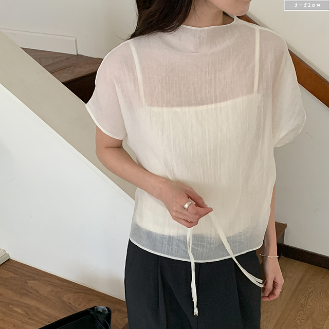 리올로 반목 루즈핏 시스루 텐셀 블라우스 2col 봄 여름 스트랩 오간자 모크넥 제이플로우 이미지 2