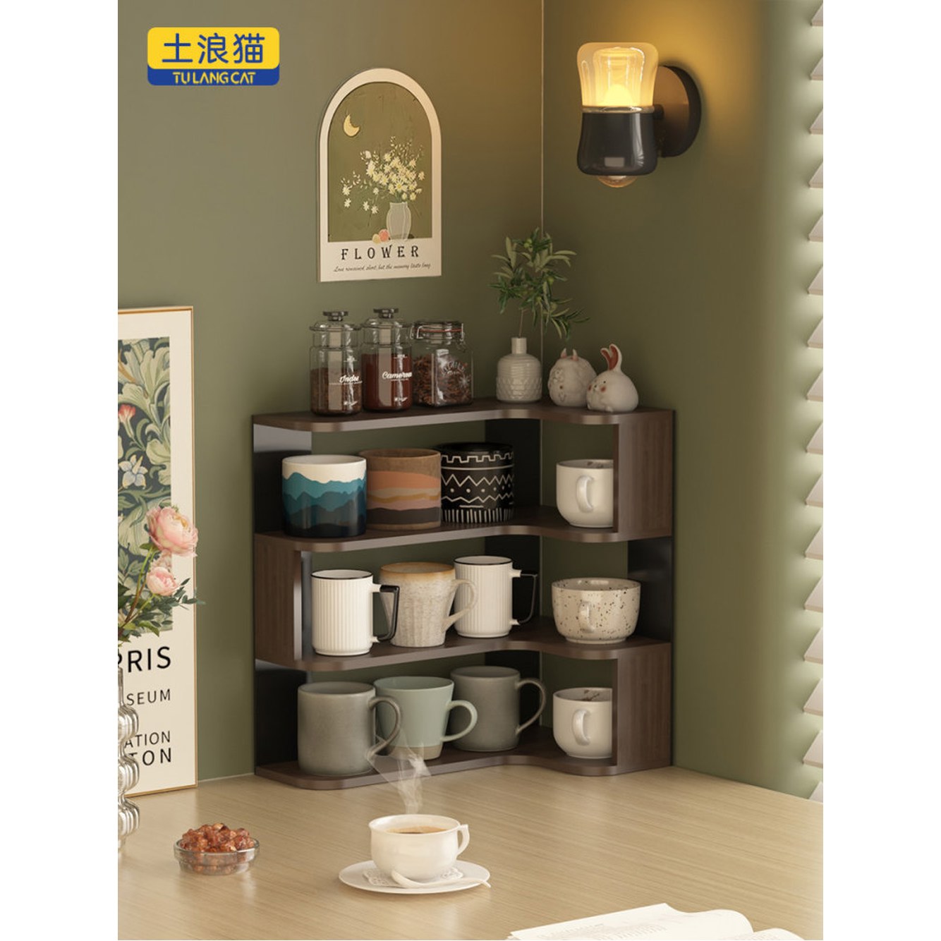 진열대 장식장 인테리어 술진열장 컨셉 수납 5cm 원색 100x38x166 목재 코너선반 N 01 2단 호두 흑차 - 상세 이미지 3
