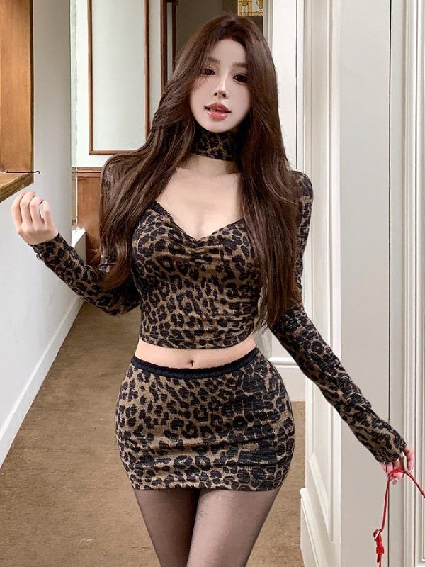 레오파드 섹시한 투피스 여름 호피 나시 치마 세트 V넥 세트 S - 상세 이미지 5
