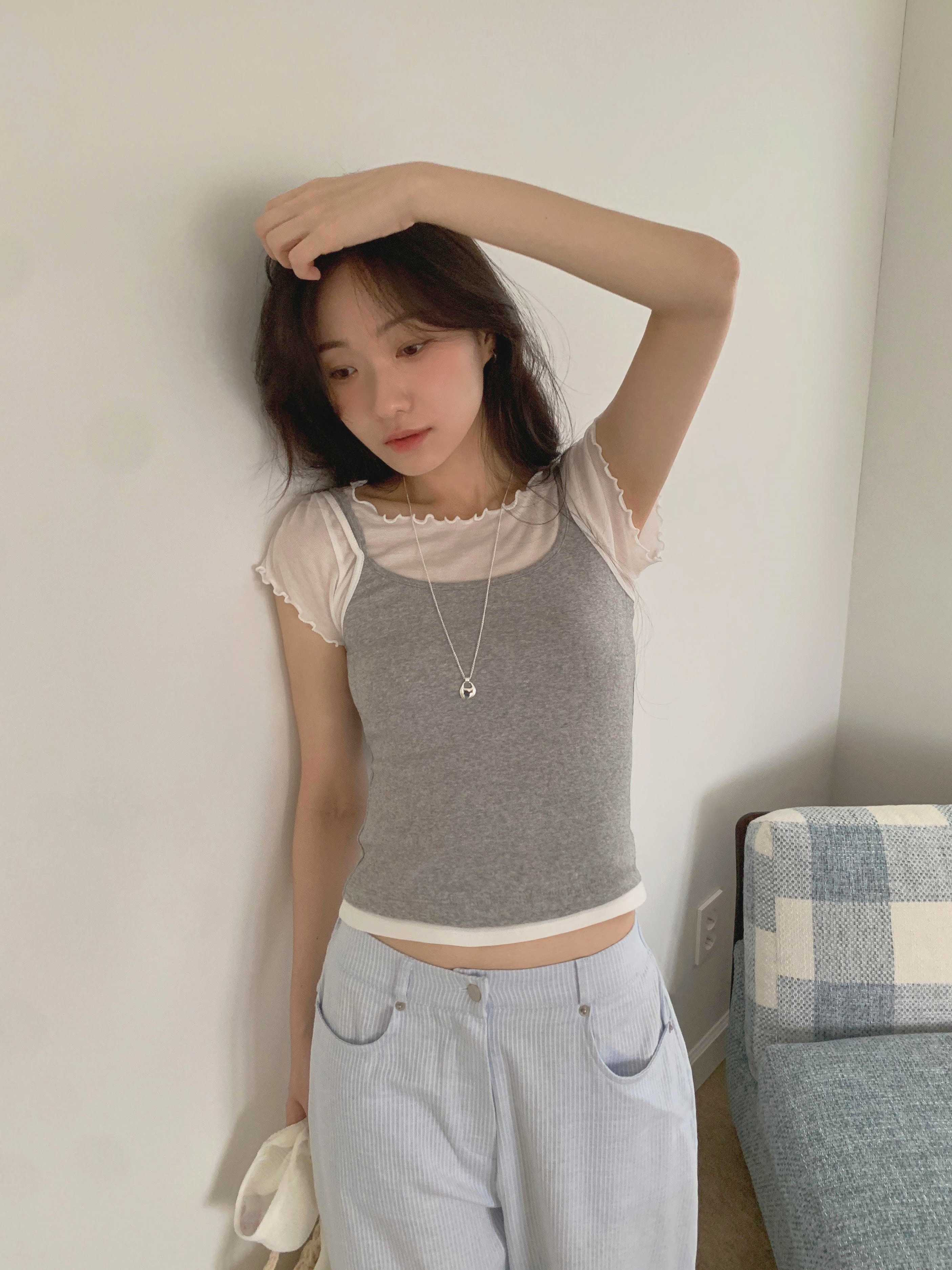 오버무드 여름 신상 웨이브 골지 반팔티 여성 슬림핏 물결 레이어드 시스루 이너티 - 상세 이미지 4
